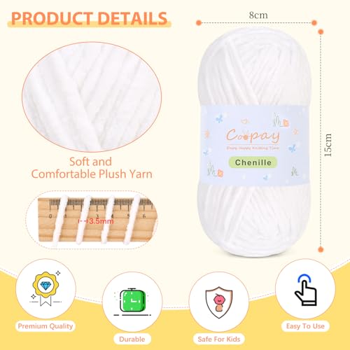 Image of Coopay Chenille Yarn for Crocheting, 8 Pack Medium Weight Yarn - CYC #4 - Total 520yd, Soft Crochet Yarns for Plush Toys, Blankets, Scarves (White)