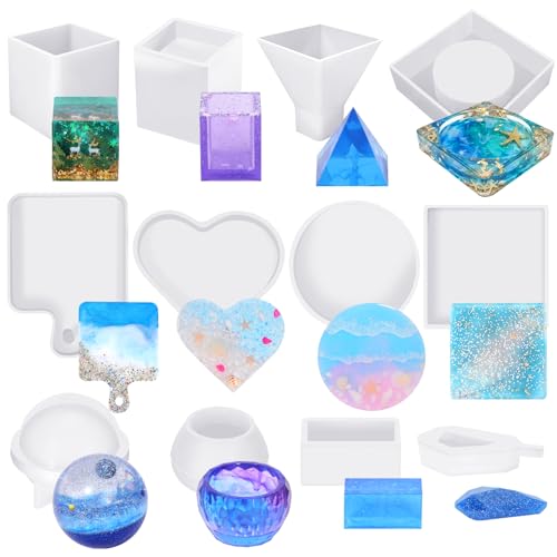 KISREL Resin Molds Kit 12PCS, Epoxy Resin Silicone Molds, Resin Mold Including Cube, Pen Container, Pyramid, Tray, Love, Round, Square, Ball, Flowerpot, Cuboid, Crystal
