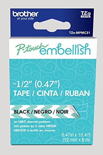 Image of Brother P-touch Embellish Black Print on Mint Chevron Pattern Tape TZEMPMC31 - ~ inch Wide x 13.1' Long for use with P-touch Embellish Ribbon & Tape Printer