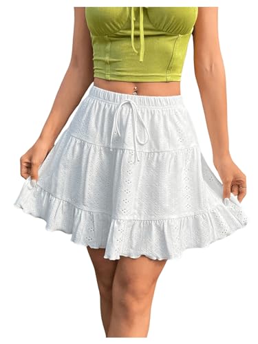 Verdusa Women's Eyelet Tiered Ruffle Skirt A Line Drawstring Waist Short Summer Skirts