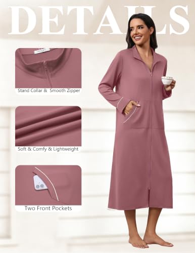 Image of Ekouaer Zipper Robes for Women Long Sleeve Lightweight House Coats with Pockets Zip Up Bathrobe Loungewear S-3XL