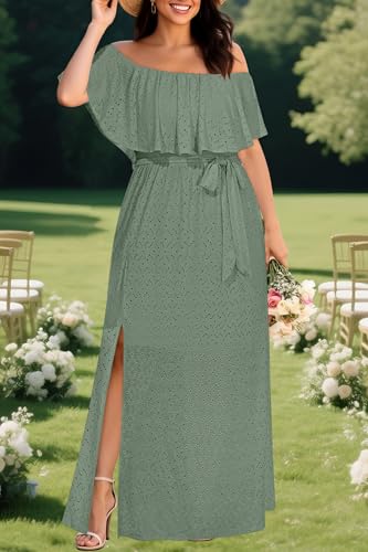 Image of Pinup Fashion Women Plus Size Summer Casual Off Shoulder Eyelet Maxi Dress | Breathable eyelet fabric,elegant ruffle,high waisted,stylish belt,side split,handy pockets,ideal for summer, wedding guest.