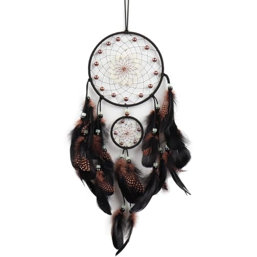 6.3" Dream Catcher Wall Hanging for Home Decoration, 6.3" x 20" Traditional Circular Net with Brown Feathers & Luminous Beads for Bedroom Decor