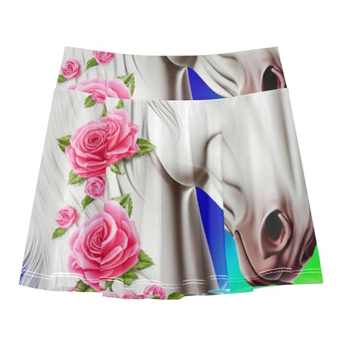 Joisal Athletic Shorts for Girls Skorts Beautiful Horse White Pink Rose Tennis Skirts Kids Preppy School 3t
