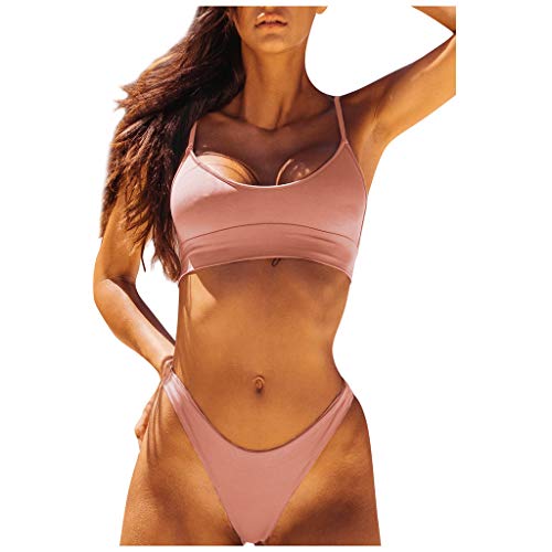 Womens Sexy Solid Color Tie Top Bottom Adjustable Skimpy Triangle Bikini String Swimsuit Pink