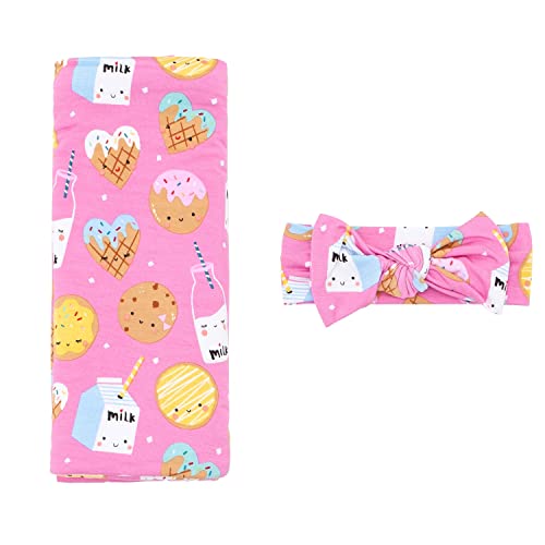 Image of Little Sleepies Swaddle & Headband Bow Set, Viscose from Bamboo Baby Swaddles, Newborn Baby Girl Clothes (Pink Cookies & Milk)
