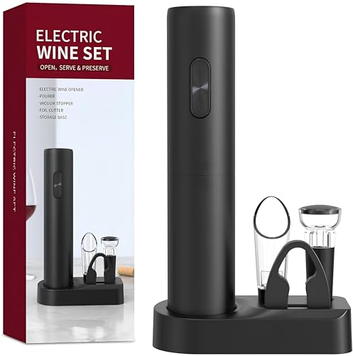 Juego de abridor de vino eléctrico 5 en 1, regalos para la cocina del hogar, amantes del vino, abridor automático de botellas de vino con cortador de aluminio, tapones al vacío, vertedor, base de