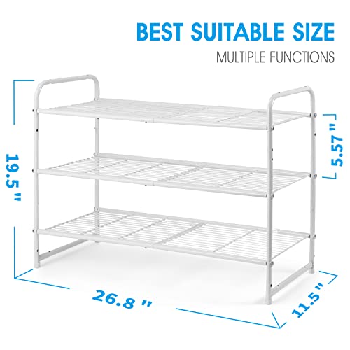 Image of Simple Trending 3-Tier Stackable Shoe Rack, Expandable & Adjustable Shoe Shelf Storage Organizer, Wire Grid, White