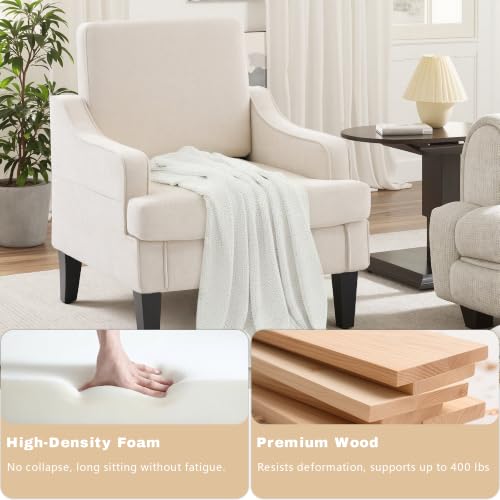 Image of Mid-Century Accent Chairs Set of 2 for Living Room, Comfy Arm Chair Fabric Reading Chair for Bedroom, Upholstered Single Chair with Wood Legs for Apartment, Waiting Room, Vanity Room(Beige)