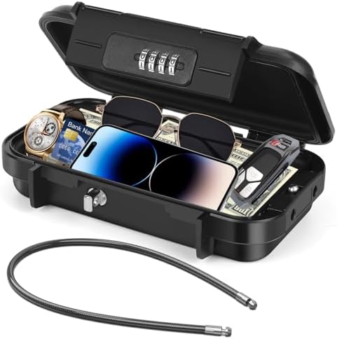 Mini Portable Safe Box [20 x 10 x 4 cm] Waterproof Anti-Theft Safe with Removable Metal Cable for Travel, Beach, Camping, Hotel, Office