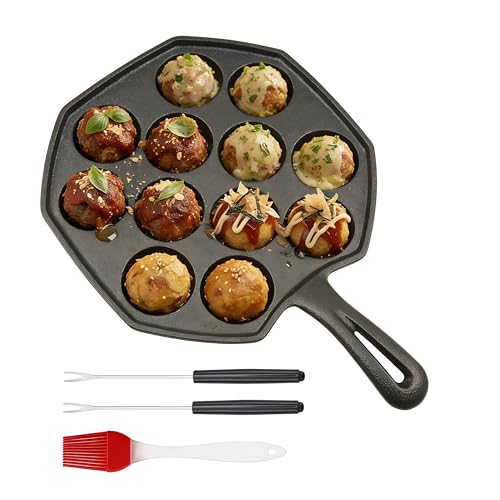 Cast Iron Takoyaki Pan 12 Hole Aebleskiver Pan Pancake Puff Maker with Forks & Brush