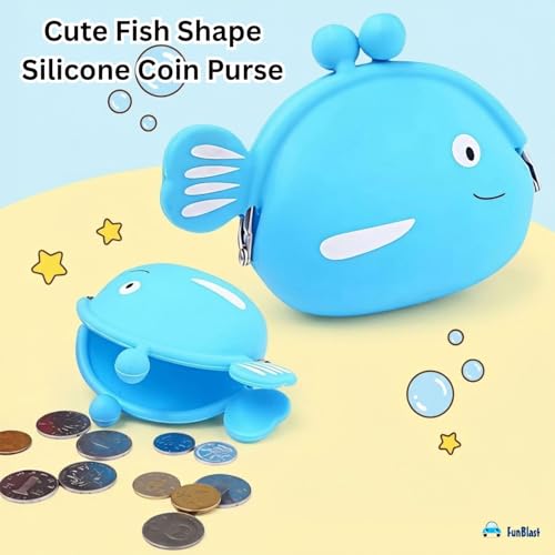 Image of FunBlast Cute Fish Shape Silicone Coin Purse for Kids & Adults - Mini Pouch for Coins, Earphones, Keys & Small Essentials, Aesthetic Pouches for Girls & Women - 12 X 9.5 X 3 Cm (Sky Blue)