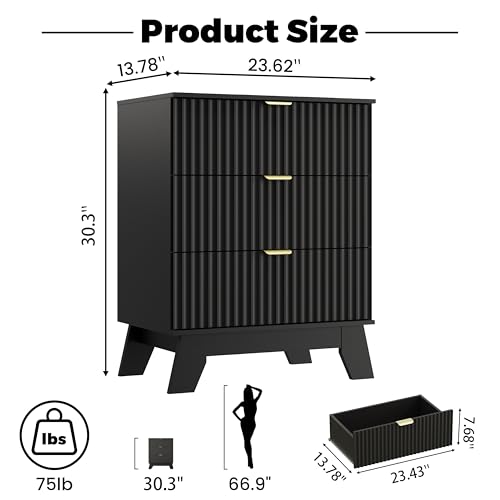 Image of Wodeer Night Stand Set 2, Bedside Table & End Table, Mid Century Modern Fluted Wood Nightstand with 3 Drawers & Metal Handles, Farmhouse Nightstand for Bedroom, Black