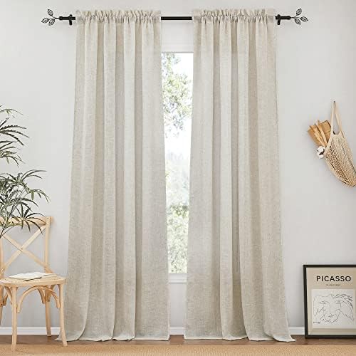RYB HOME Linen Sheer Curtains Rich Linen Woven Soft Absorbent Drapes UV Rays Protection Light Filtering for Party Backdrop, Farmhouse, Doorway, Lobby, Hotel, W 52 x L 108 inch, 2 Pack, Angora