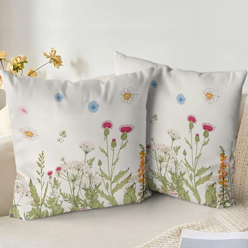 XPHZZL Cushion Covers Set of 2 Pack 50 x 50 cm - Soft Colored Wildflowers Pattern Decorative Pillow Covers for Sofa Bed Garden Outdoor Spring Decor with Invisible Zipper 20 x 20 Inch