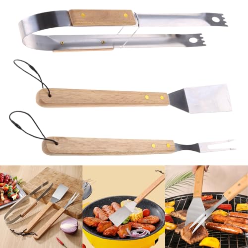 Set de herramientas para parrilla con mango de madera miniatura 2