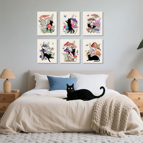Image of CHDITB Black Cat Canvas Wall Art, Vintage mushroom and cat Wall Decor, Nature Artwork Fantasy Fungus Feline Poster Retro Aesthetic Art Prints For Cats Lover Living Room Bedroom Decor (8X10 Inch)