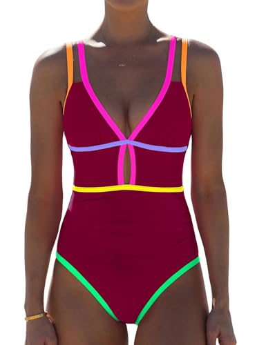 Image of popvil Women One Piece Swimsuit 2026 Tummy Control Sexy Cutout Neon Color Block Bathing Suit Slimming Adjustable Swimwear