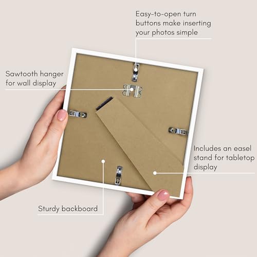Americanflat 8x8 Picture Frame with Shatter-Resistant Glass - Streamline Collection - Thin Border Square Frame for Tabletop and Wall Display - Hanging Hardware and Easel Stand Included - White