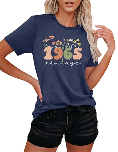 VVNTY 60th Birthday T-Shirts for Women Vintage 1965 Shirt Graphic Sixty Birthday Shirts Casual Birthday Gifts Blouse Tops (Blue1,L)