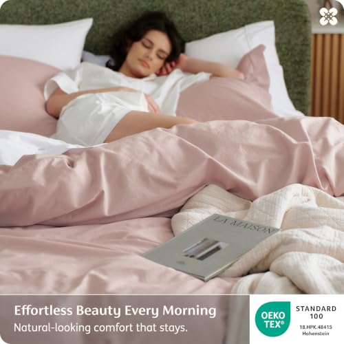 Image of Bedsure 100% Washed Cotton Duvet Cover Full Size - Petal Pink Minimalist Bedding Set Linen Like - PureWoven Plain Simple & Soft Comforter Cover for All Seasons (Petal Pink, Full, 80 inchx90 inch)