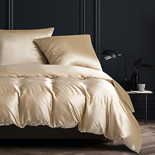 Nyescasa Ropa de cama satén, 135 x 200, color beige, liso, sensación seda, funda nórdica 100% cómoda satén brillante, poliéster, edredón individual con cremallera y almohada 80 cm