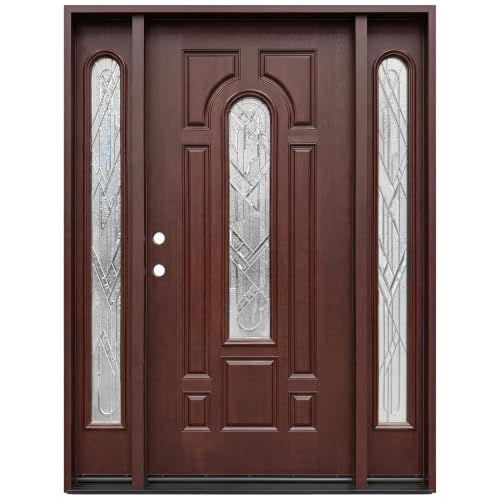 BGW Doors Mahogany Finish Fiberglass Double Front Entry Door with Brickmould and Decorative Glass, Prehung Pre-Finished Exterior Door, Right Hand Inswing, 12x36x12x80