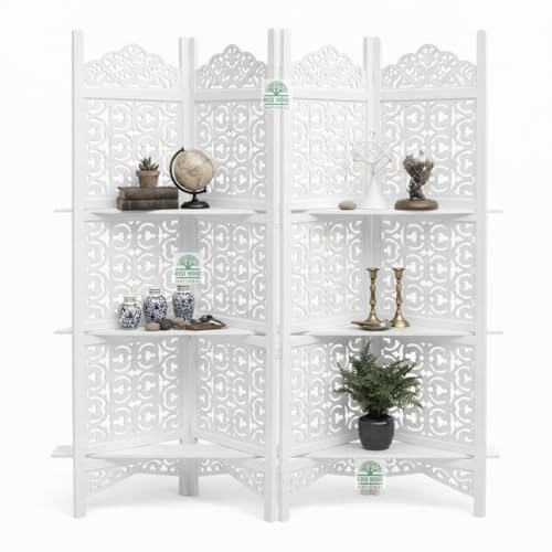 Image of Wooden Room Divider 6 Feet, 4-Panel Folding Wooden Partition for Living Room, Office, Pooja Room, Restaurant, Kitchen & Balcony (2W x 1.82H Meters). (Milky White Shelves)
