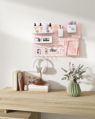 Soubeoii Metal Pegboard Kit — Carbon Steel Pegboards with 26 Accessories, Pegboard Wall Organizer for Home, Office, Study Room, Kitchen, Craft Room & Gaming Setup— 24″ × 16″ Pink Peg Board