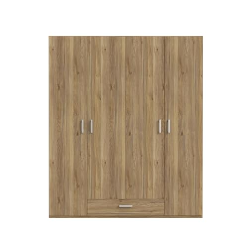 Forte ECONOBOX 2 Armario 175 180, Armario de 4 Puertas giratorias con estantes, Barra y cajón, Madera, decoración de Roble Mauvella, 177,5 cm de Ancho, 210,5 cm de Alto, 54,2 cm de Profundidad