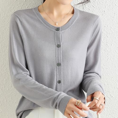 Image of Women's 100% Merino Wool Crew Neck Cardigan Sweater Top Long Sleeve Button Down 2025