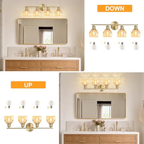 Image of Bathroom Light Fixtures, 4-Light Brushed Gold Vanity Lights for Bathroom with Amber Tulip Glass Shade, 26 inch Vintage Bathroom Vanity Lighting Fixtures Over Mirror for Bedroom Living Room Hallway
