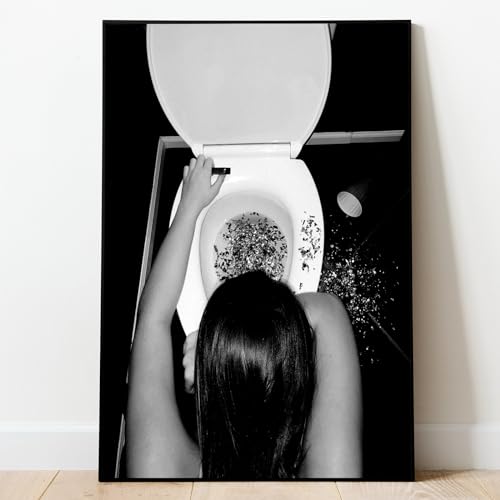 Schwarz-Weiß-Badezimmer-Wandkunst, Frauen-Mode-Poster, Kunstwerk, lustiges Badezimmer, Toilette, Kunst, Leinwand, Frauenfotografie, Kunstdrucke, Schwarz-Weiß, Modebilder, lustiges Toilettengemälde,