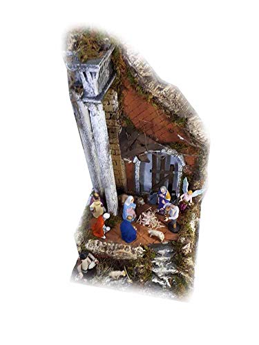 Belén completo de corcho y madera napolitana templo con 10 pastores 10 cm crib 30 x 25 cm alto 50 cm conj pastores terracota figuras Belén recibe un llavero S.G. armenio artesanal nic 40