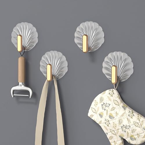 Image of Self Adhesive Gold & Silver Seashell Wall Hooks for Keys, Jewelry & Towels No-Drill Adhesive Hooks for Smooth Surfaces Hook with Magic Stiker Set of 5pcs