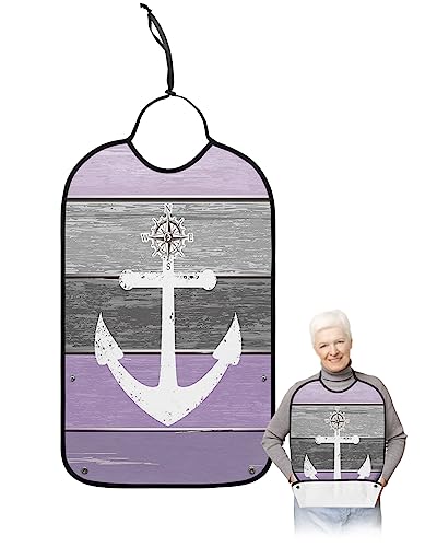 Purple Grey Ombre Wood Adult Bibs for Eating, Waterproof Bibs with Food Catcher & Adjustable Snap Closure, Beach Nautical Anchor Ocean Coastal Clothing Protectors Adult Bibs for Elderly Women/Men