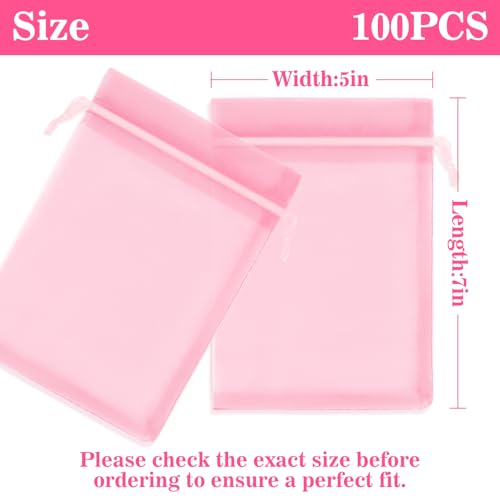 Image of Sukh Pink Organza Bags 5''x7'' - 100pcs Sheer Mesh Drawstring Bags for Jewelry, Soap, Fruits, Candy, Small Gift Bags for Weddings, Valentine's Day, Mother's Day, Halloween, Thanksgiving, Christmas