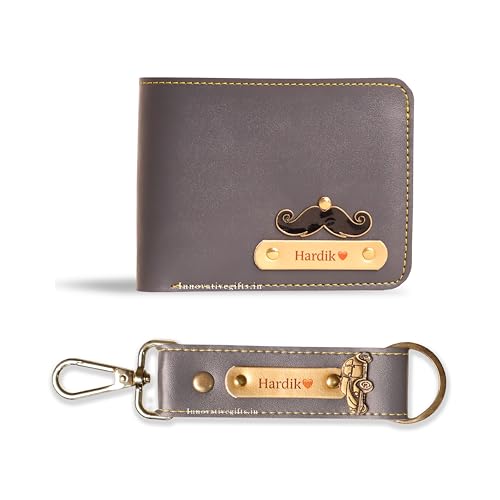 Innovative Gifts Personalized Wallets for Men + Customized Keychain with Name Tag and Charms Gift Set for Men (Grey)