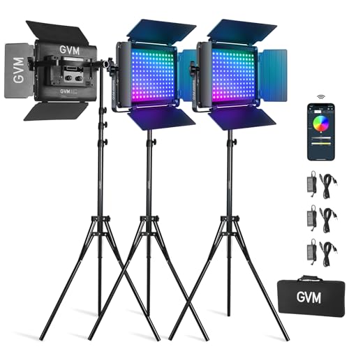 GVM Kit d'éclairage vidéo LED RVB, éclairage de Photographie à intensité Variable avec contrôle par Application, 680RS 50 W, 3 Panneaux Lumineux LED pour Studio Youtube, Prise de Vue vidéo, Jeux