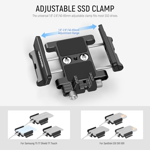 Image of NEEWER Mount Bracket SSD Holder with Cold Shoe Cable Clamp, 1.6 inch-2.6 inch for Samsung T5 T7 SSD SanDisk Compatible with SmallRig Cage for BMPCC 4K 6K Compatible with iPhone 15 Pro Max Phone Cage, UA035