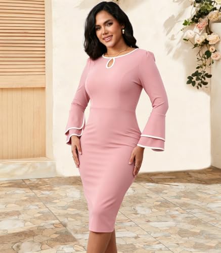 Image of ZonJie Church Dresses for Women Bell Sleeves Business Wear to Work Cocktail Party Pencil Casual Dress