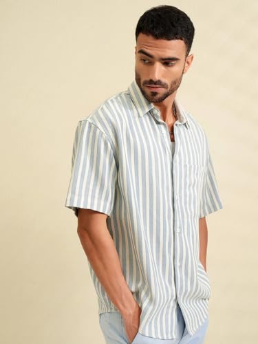 Image of Locomotive Men's Oversized Shirts | Striped | Half Sleeves | Spread Collar | Casual Shirts | Stylish Shirt