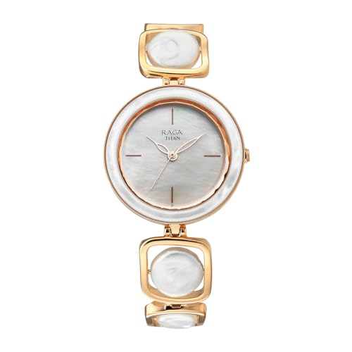 Image of Titan Raga Power Pearls 2.0 with Quartz Analog Mother of Pearl Dial Rose Gold Brass Strap Watch for Women - 95250WM02F