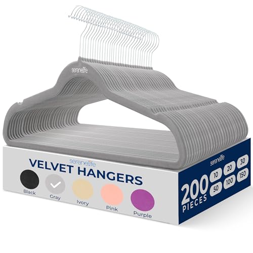 Image of SereneLife Velvet Hangers - 200 Pack, Slim & Space Saving for Closets