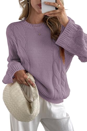 Image of Cakulo Womens Oversized Pullover Sweaters Bell Sleeve Chunky Cable Knit Sweater Crewneck Trendy Knitted Tops 2025