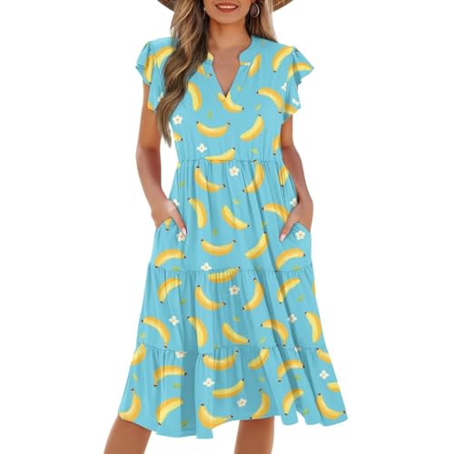 Image of Women's Casual Ruffle Sleeve Dress V Neck Pullover Dress Flowy A-Line Pleated Lightweight Dress with Pockets