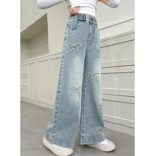 Baggy Jeans for Girls Butterfly Bows Wide Leg Pants High Waist Cute Jeans for Girls Distressed Streetwear Raw Hem Teens3