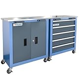 LARBANKE Cassetta portautensili combinata con serratura, armadietto portautensili a 5 cassetti/2 ante può essere interconnesso, cassetta portautensili con ruote e piedini imbottiti, con piano di