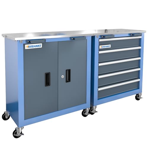 Image of 5 Drawer&2 Door Rolling Tool Chest Conbination,Stainless Steel Top | 360 Wheels and Padded Feet, Locks&Keys,Unique Link Buckle, for Home, Garage and Office