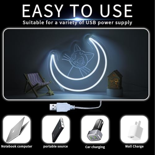Image of ENUOLI LED Cat Neon Signs,Cute Cat Neon Lamps Dimmable Cool White Moon Shaped Neon Lights USB Powered Cat Night Light Wall Decor for Cat Cafe Bedroom Living Room Birthday Gift for Friends